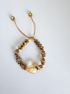 Gold Tone Heart Bracelet Adjustable Crystal Beaded Romantic Jewelry